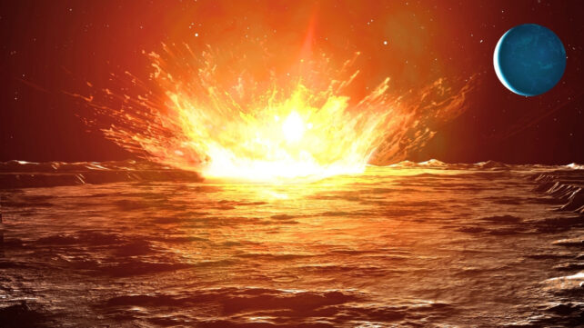 Artwork of a small meteoroid impacting the surface of the Moon
