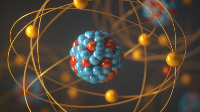 Illustration of an atomic nucleus with bright electron paths encircling it