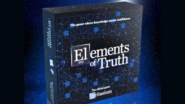 A high-contrast image of a science board game in a blue and black box