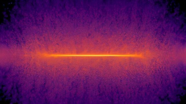 A bright yellow-orange line of light across a purple haze