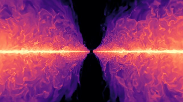 Bright line of yellow light across two purple flashes