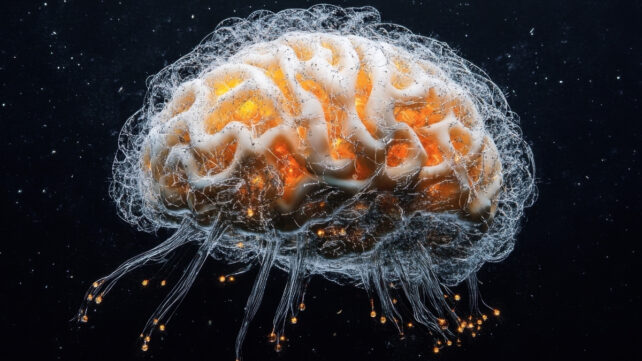 A glowing brain in tones of orange and blue, on a high-contrast cosmic background