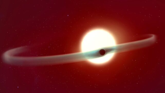 illustration of exoplanet WASP-121b, or Tylos, with its double helium tail spanning nearly 60 percent of its orbit around its parent star.
