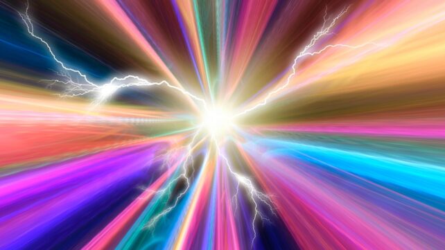 Illustration of a lightning bolt inside a laser beam. Multicolored beams radiate from a bright center and there are several zig-zagging arcs extending outwards as well.