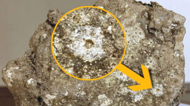 impact of micrometeorite in rock from the moon