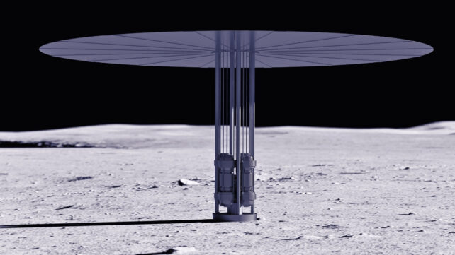 High-contrast purple toned Illustration of a fission power system on the Moon's surface