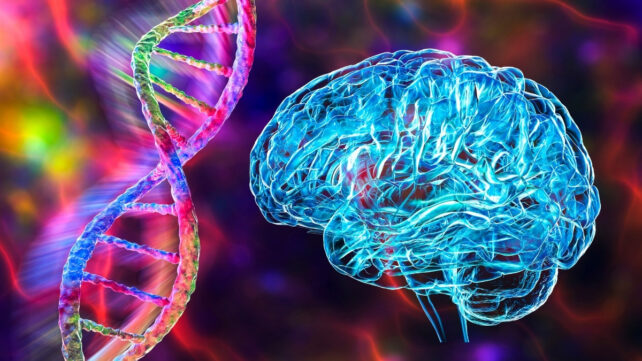 neon blue brain and dna strand
