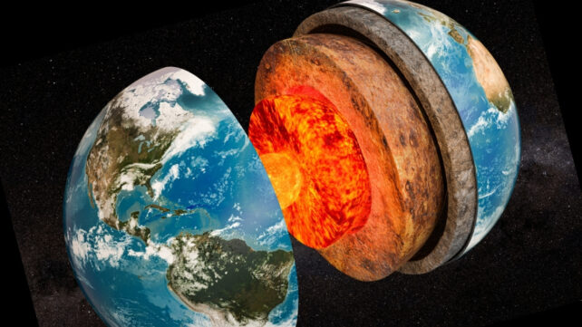 A model of Earth showing different layers on the inside