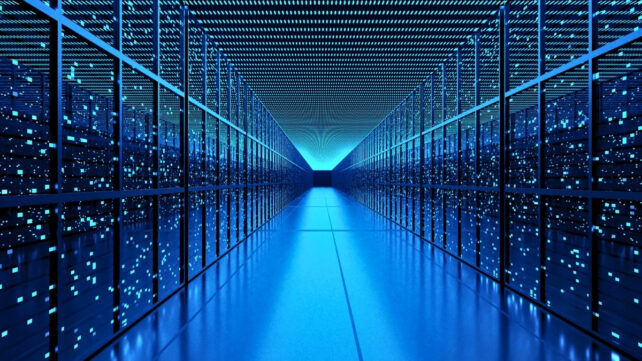 Illustration of servers in a data center, to represent breaking news about a high tech supercomputer being built