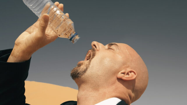 man holding an empty bottle over his face