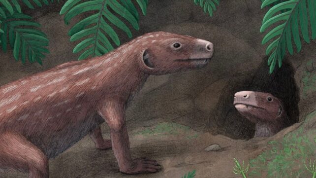 artist's illusrtation of one thrinaxodon walking towards a burrow. another thrinaxodon is sticking its head out.