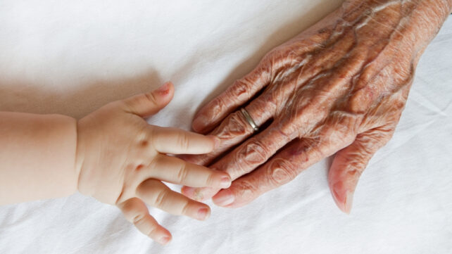 baby's hand touching an older hand